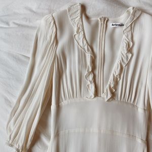 REFORMATION BAYLEY RUFFLE PLUNGE V NECK PUFF SLEEVE LACE MIDI DRESS IVORY SIZE 0